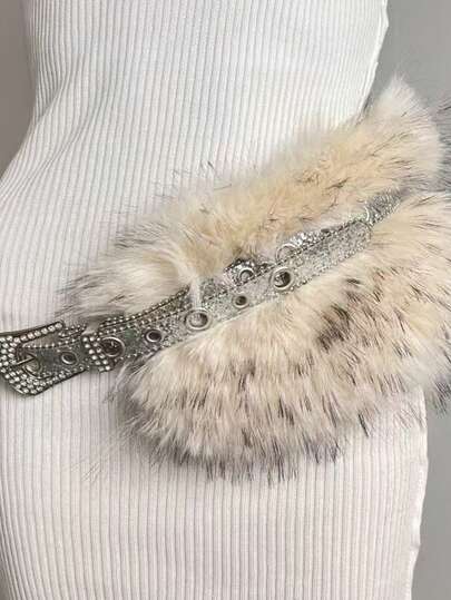 1件装女士水钻仿毛皮拼接腰带，闪亮毛绒腰带，新款Y2K百搭针扣孔眼性感腰带