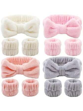 3-delat ansiktsrengöringsset: Rosettpannband och elastiskt handledsband, absorberande pannband och handledsband i korallfleece, utformat för kvinnors hudvård, förhindrar effektivt ansiktsfukt. Den perfekta presenten till kvinnliga vänner! (Finns i vitt, rosa, blått, lila och grått) Kan även användas som present, nyårspresent eller håraccessoar.