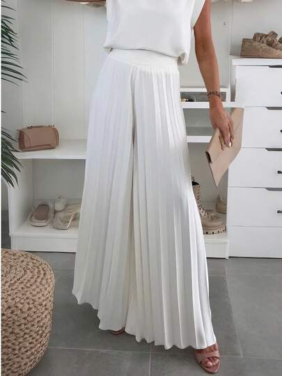 Pantalon ample à jambes larges plissé de couleur unie élégant et décontracté pour femmes