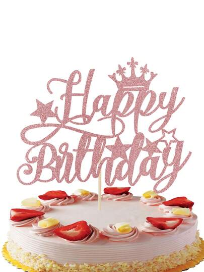 1个闪光“生日快乐”蛋糕装饰插牌，皇冠和星星造型，适用于婴儿派对/生日派对，有黑色/金色/银色/粉色/玫瑰金/蓝色可选