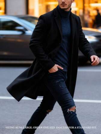 Men Lapel Neck Long Sleeve Trench Coat, Fall