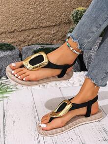 New Women Flat Thong Sandals, Comfortable Elastic Band Flip-Flops With Metal Decor, Bohemian Style, Casual For Daily, Home, Beach, Plus Size - Black - View 5