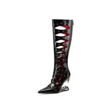 Nouveau style de gladiateur, fait main, dernier design ajouré avec rivets, confortable pour la randonnée et la danse, bottes à talons hauts asymétriques - Noir - Voir 14