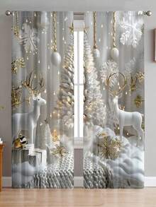 2pcs/Set Christmas Snowman Window Curtains, Home Living Room Decor Sheer Curtains, Thin Fabric Semi-Transparent Curtains For Privacy In Bedroom & Living Room - Champagne - View 12