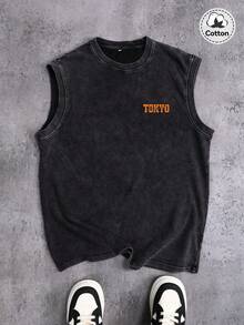 Hemo, Camiseta de tirantes con gráfico de carreras callejeras para hombres, cuello redondo casual de negro lavado ligeramente elástico para uso diario - Negro - Ver 2