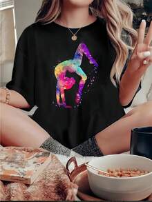 Camiseta Casual de Manga Corta para Mujer con Estampado Vibrante de Silueta de Bailarina Geométrica - Cuello Redondo Suave y Elástico, Lavable a Máquina, Cómoda para Todas las Estaciones, Ropa Casual, Camisetas Modernas, Ajuste Confortable, Diseño Impreso, Ideal para Buscadoras del Bienestar - Negro - Ver 1