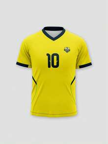 一件定制的巴西国家队运动衫，设计风格仿照2026年世界杯，采用黄色面料，并饰有图案。上传的文字内容：一件定制的夏季T恤，圣诞节和新年礼物。一件个性化、舒适、休闲的T恤。