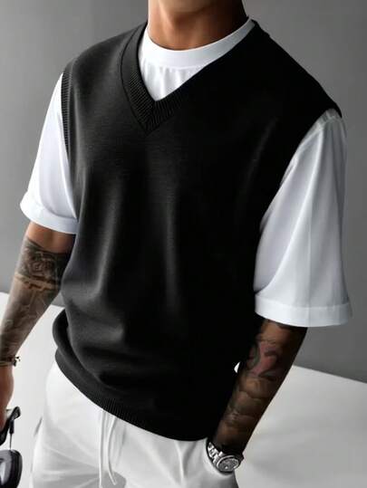 Men's Casual Solid Color V-Neck Sweater Vest, Versatile (T-Shirt Not Included), Fall/Winter