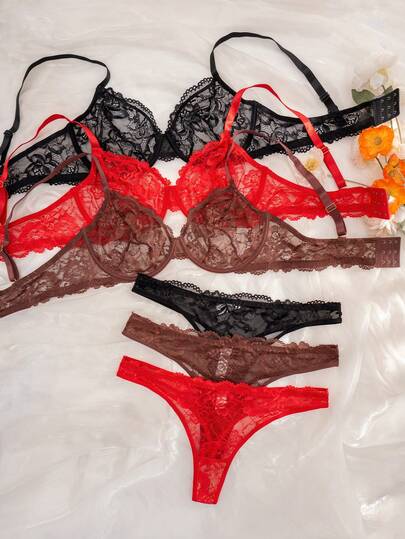 3pcs/Set Women Plus Size Solid Color Lace Patchwork Underwire Bra Set