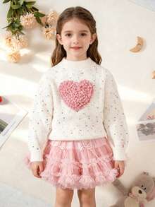Suéter de manga larga con diseño de corazón y lunares de jaquard para niñas preadolescentes, otoño/invierno - Blanco - Ver 7
