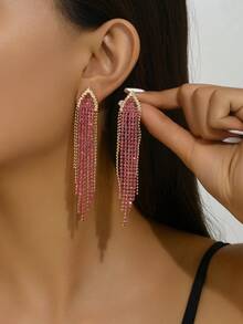 女士银色水钻流苏长耳环 - 派对晚礼服首饰