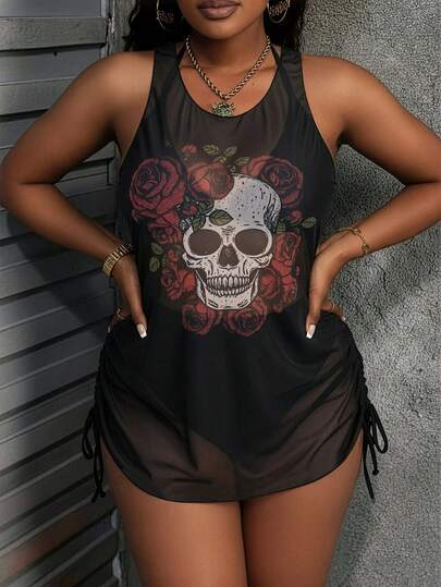 3pcs Plus Size Skull & Floral Print Beach Vacation Swimsuit Set, Includes Digital Print Mesh Cover-Up, Suitable For Night Date, European And American Style