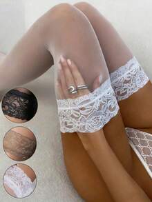 1/2/3双装女士性感蕾丝边超薄过膝长筒袜，弹力装饰过膝袜，可作一次性情趣袜使用，适合日常穿着、居家、户外、通勤和夜店风格，超薄长筒袜，Y2K风格，舒适袜子