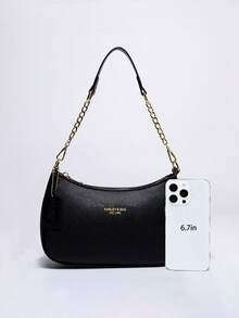 Bolso de hombro/axila de piel sintética de unicolor con diseño gráfico de letra, versátil y de moda clásica 2025, bolso de hombro/axila Y2K, adecuado para compras, se puede usar como bandole - Negro 2 - Ver 5