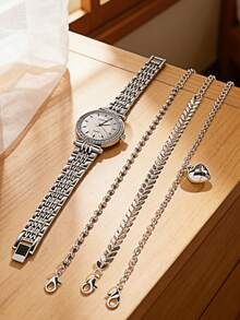 4pcs/Set JUSMI Women's Round Full Diamond Wrist Watch & Bracelet Set, Elegant & Sweet Quartz Watch Combination, Suitable For Gifts, Valentine's Day, Christmas, No Gift Box - Silver - View 7