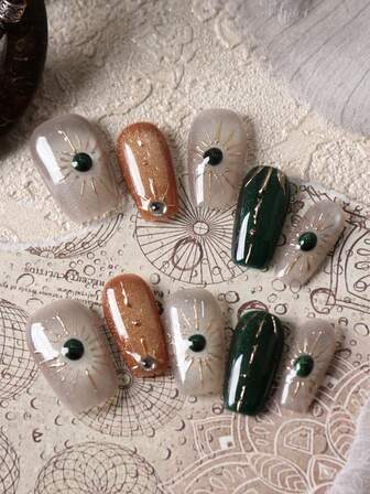 10 piezas de uñas postizas acrílicas blancas, ojos de gato marrones y verdes, cortas, uñas falsas, kit de uñas artificiales que incluye 1 hoja de pegatinas adhesivas y 1 lima mini