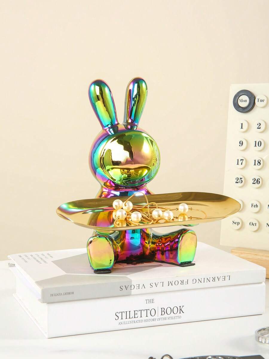 1pc Cute Cartoon Rabbit Ceramic Trinket Tray, Square Tray, Color Options: Colorful/Silver, Suitable For Bar Counter/Snack Candy Dish/Entryway Cabinet Decor, Storage Tray/Decorative Plate - Nhiều màu - Xem 1