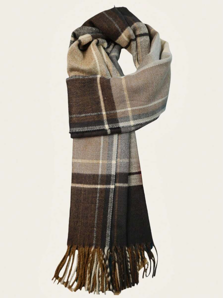 New Winter Couple's Knitted Plaid Striped Double-Sided Tassel Warm Scarf, Versatile For Boyfriend/Girlfriend, Teachers, Students, Birthday Gifts, Long Thick Neck Warmer, Casual & Elegant - Multicolor - View 1