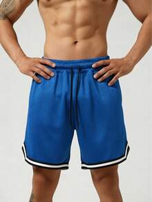 Men's Mesh Fitness Shorts With Elastic Waistband And Adjustable Drawstring - Blue - View 3