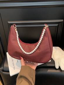 Fashionable Pearl Chain Crescent Shoulder Bag, Stylish Shoulder Baguette Bag, Handheld Small Bag, Outdoor Casual Bag, Versatile Commuter Bag - Red - View 3