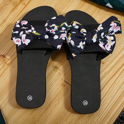 Dép xăng đan nữ màu trơn, kiểu dáng slip-on đế xuồng trang trí nơ, dép đế xuồng chống trơn trượt thích hợp cho kỳ nghỉ.