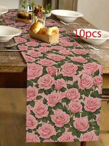 Tischläufer mit Rosenmuster (1 Stück), Tischläufer aus Leinen für den Frühling, 4 Platzsets, 1 Kissenbezug, 3 Produkte verfügbar, Frühlingsdeko für Zuhause, Partyzubehör für drinnen und Outdoor, Frühlingsdekoration, Dekoration für Zuhause, Zimmerdekoration, Partydekoration