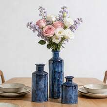Blue Ceramic Vases - 3 Small Blue Vases With A Rustic, Country Style, Perfect For Home Decor. Suitable For Living Rooms, Tabletops, Entryways, Etc. Also Suitable For Offices, Living Rooms, Dining Rooms, Bedrooms, Bathrooms, Etc. Home Decor Vases, Flower Vases, Holiday Decoration Vases. - Blue - View 9