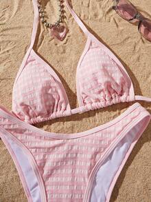 Sultry Sol 2026夏季沙滩比基尼套装 - 女士粉色格子高腰性感泳衣，独特褶皱纹理 | 柔软弹力面料，收腹提臀，凸显曲线，适合泳池/海滩度假 - 粉色 - 查看 10