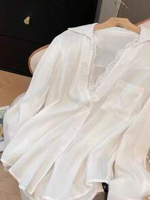 Elegant White Semi-Sheer Blouse, V-Neck Long Sleeve, Decorated With Delicate Contrast Lace Trim Spring - White - View 5
