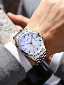 1pc Circular Calendar Luminous Quartz Stainless Steel Band Casual Business Men's Watch - one-size - View 7