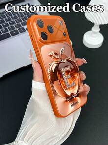 1pc Customizable Text & Letter Rhinestone Apple Design Tempered Glass Phone Case, Compatible With IPhone 17 ProMax/17 Air/15/16 Pro/14 Plus/13 Pro/12 Pro Max/11, Tempered Glass Camera & Back Cover Protection, Large Window Phone Protective Case, Best Gift For Friends And Family - Orange - View 5