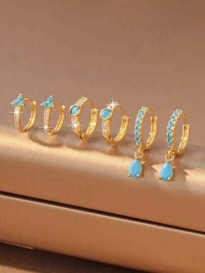 6 件套时尚独特设计高端绿松石镶嵌耳环套装，女士珠宝礼物
