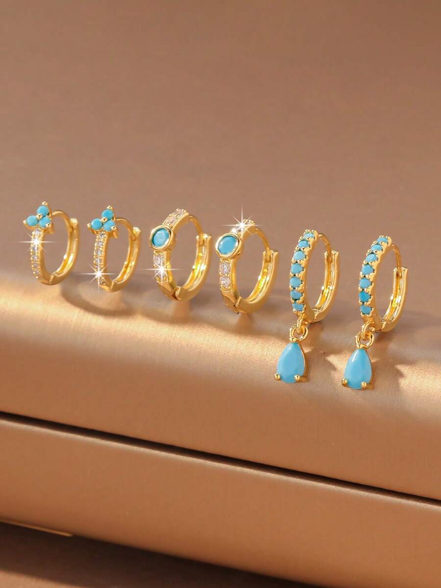 6 件套时尚独特设计高端绿松石镶嵌耳环套装，女士珠宝礼物