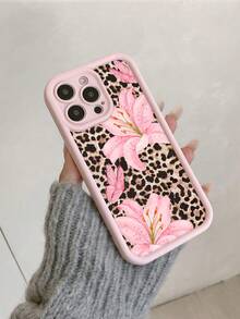 1 pieza Funda de teléfono de TPU a prueba de golpes con estampado minimalista de lirio rosa, mariposa y leopardo, compatible con Apple 17, 16, 15, 14, 13, 12, 11 Pro Max, Air y Series - Multicolor - Ver 3