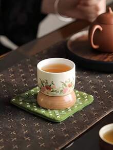 1件手绘花卉陶瓷木脚茶杯，复古日式优雅花卉图案客用茶杯，古朴别致的高品质茶杯，适用于餐厅、客厅、茶室、节日等场合。 - 彩色 - 查看 11