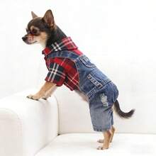 适合小型犬、泰迪犬、贵宾犬、幼犬的秋/春季薄款牛仔宠物服装 - 紅色 - 查看 2