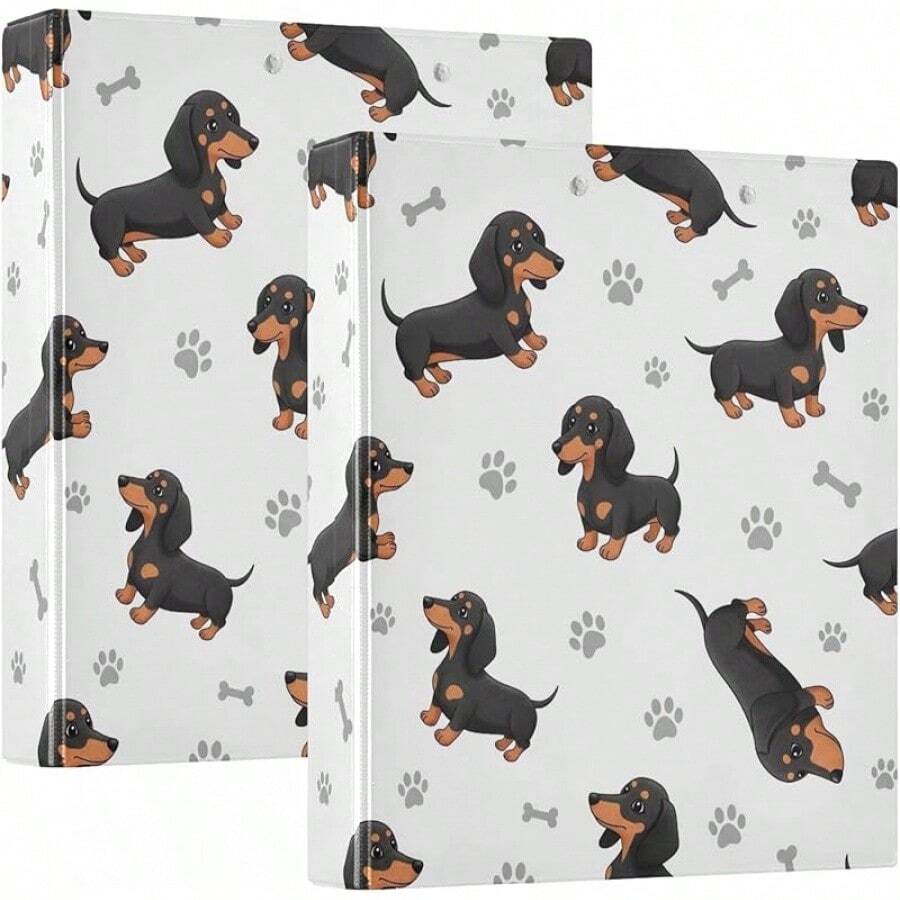 Carpeta impresa de 3 anillas, carpeta de anillos en D con bolsillos, carpeta decorativa para la escuela universitaria u oficina, lindos perros salchicha color negro bronceado - talla únicax2 - Ver 1