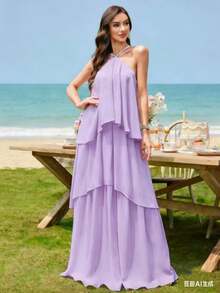 VollyToych Layered Halter Dress, Butter Yellow Chiffon A-Line Style Bridesmaid Dress, Elegant Wedding Guest Dress Suitable For Daily Wear, Dates, Travel, Parties, Maxi Skirt With Ruffles And Multi-Layers - 淡紫色 - 查看 4