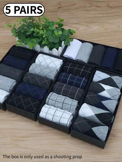 5 Pairs Men's Geometric Pattern Socks, Knitted Fabric, Business Casual Mid-Calf Polka Dot Design Socks, Random Colors (No Gift Box), Autumn Socks