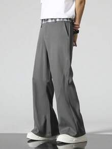 Men's Fashion Plaid Waistband Loose Flare Pants, Grey