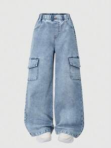 Tween Girls Casual Versatile Wide Leg Denim Effect Cargo Pants - Blue - View 1