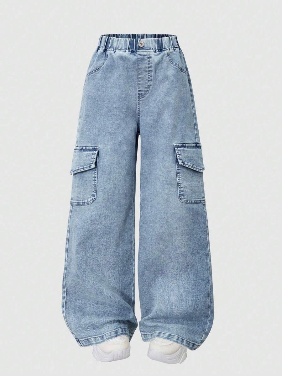 Tween Girls Casual Versatile Wide Leg Denim Effect Cargo Pants - Blue - View 1