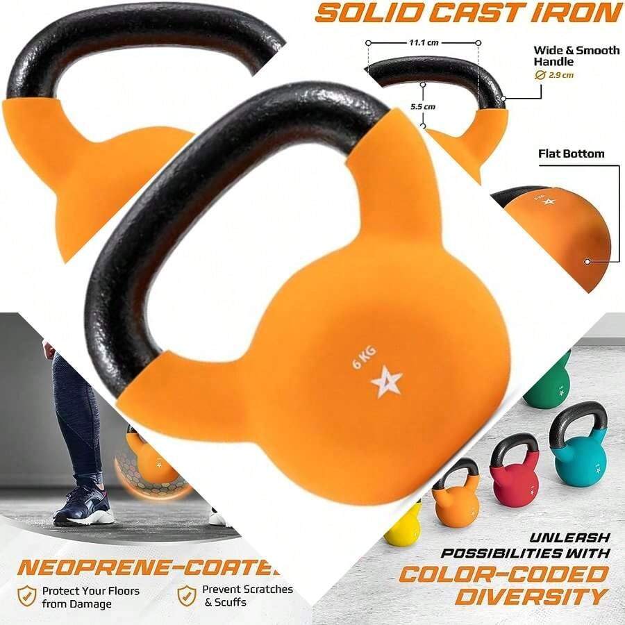 Gusseisen Kettlebell mit Neopren Beschichtung für Training, Mehrfarbige Optionen, Schwunghantel und Kugelgewicht - C. 6KG - Naranja - Ver 1