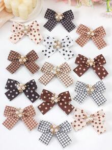8个随机美拉德印花蝴蝶结、格子、花朵图案撞色发夹，复古法式侧夹刘海夹，可爱女孩日常及派对发饰 - 彩色 - 查看 4
