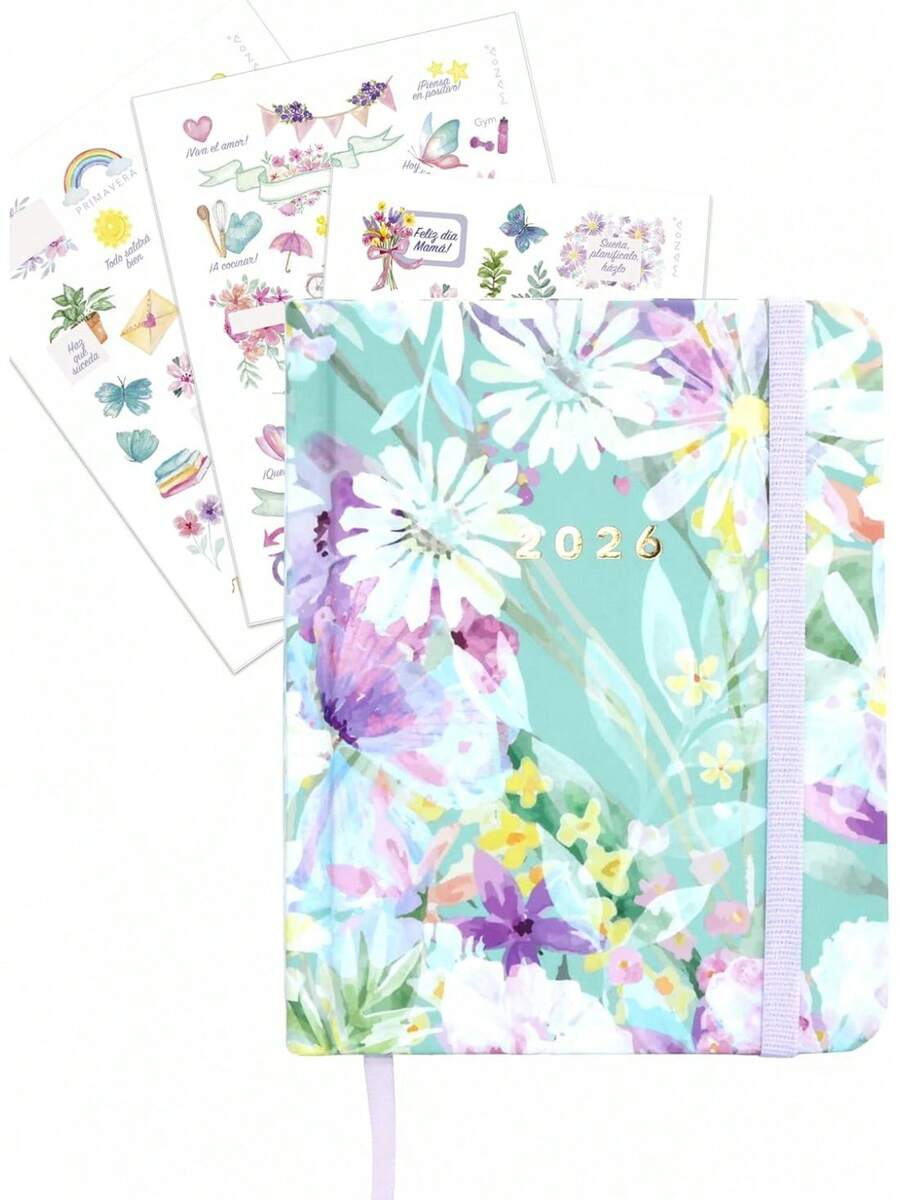 mano® Agenda pocket 2026 ALMA Semana vista - Medidas (B7+) 10 x 13 - 184 Páginas - Incluye separadores mensuales y hojas para anotaciones (Con Stickers) - Con funda y pegatinas - Ver 1