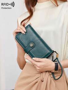 Secure RFID Blocking Large Capacity Three Fold Multi-Card PU Solid Color Zipper Buckle Wallet Multi-Functional Europe And The United States New Retro Women's With Wrist Strap Valentine's Day Gift For Wife And Girlfriend For Women Wallet Purse Wallet Long Wallet - màu đen - Xem 6