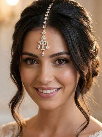 1pc Gold Cubic Zirconia Forehead Head Chain For Women Bride - Boho Crystal Leaf Teardrop Headpiece Maang Tikka Bridal Hair Jewelry For Wedding Prom Festival