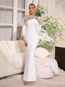 Váy dạ hội Sang trọng nhẹ nhàng, màu trắng, tay dài, thời trang, vai dốc, công nghiệp nặng, dập nóng kim cương, váy dài, tiệc sinh nhật, trang phục biểu diễn cho người hỗ trợ, họp thường niên - trắng - Xem 2