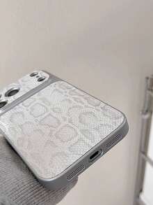 1pc Stylish Advanced White Crocodile Texture Artificial Leather Silver Border Phone Cover Case Compatible With IPhone 17 16Plus 15Pro 14 17Pro Max - White - View 7