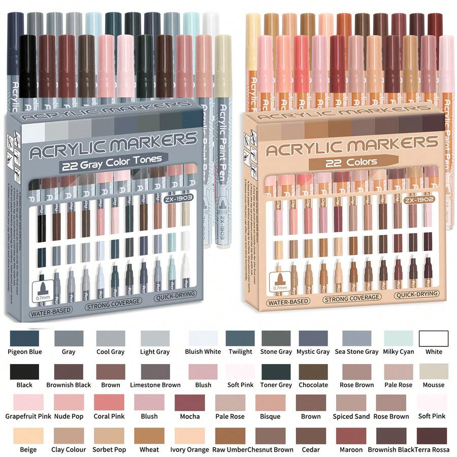 44色丙烯颜料马克笔，一盒22支，肤色/灰色系，0.7毫米细头，适用于岩石彩绘、木材、金属、玻璃、画布、DIY涂鸦，速干防晕染
